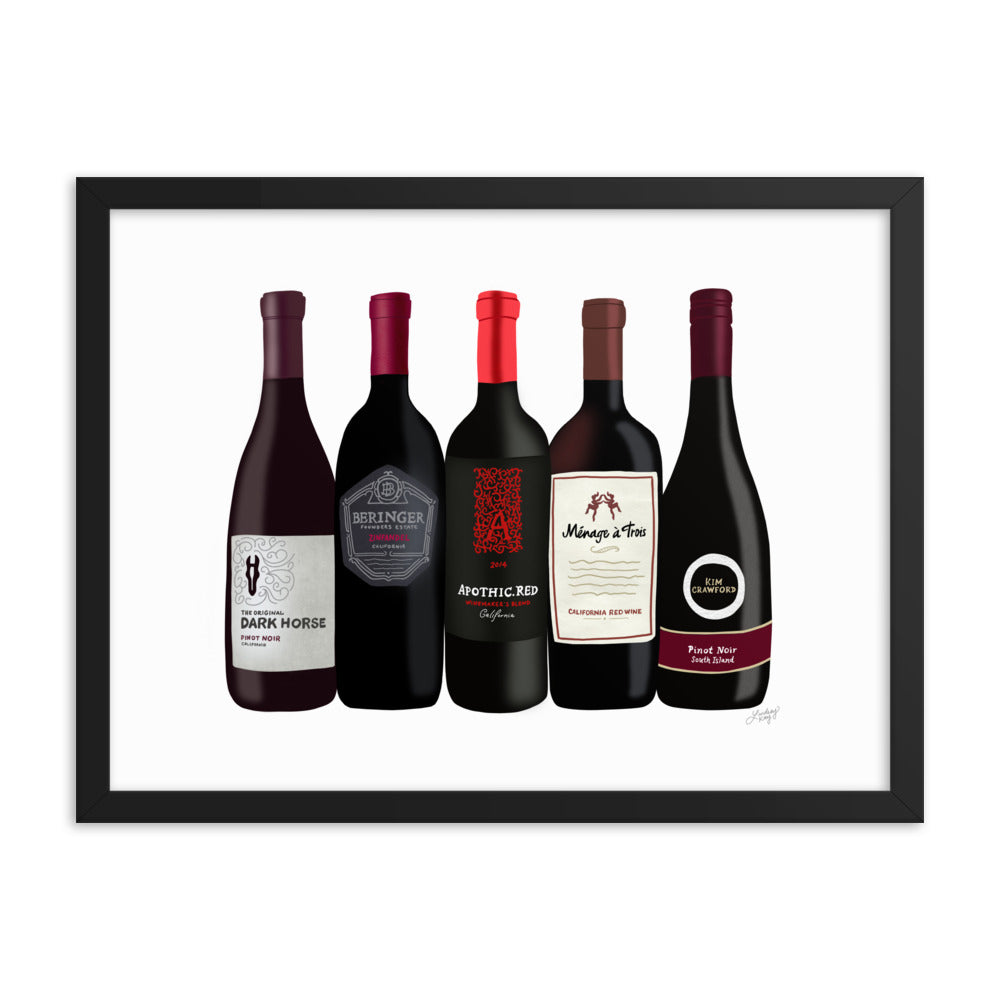 Red Wine Bottles Illustration - Framed Matte Print